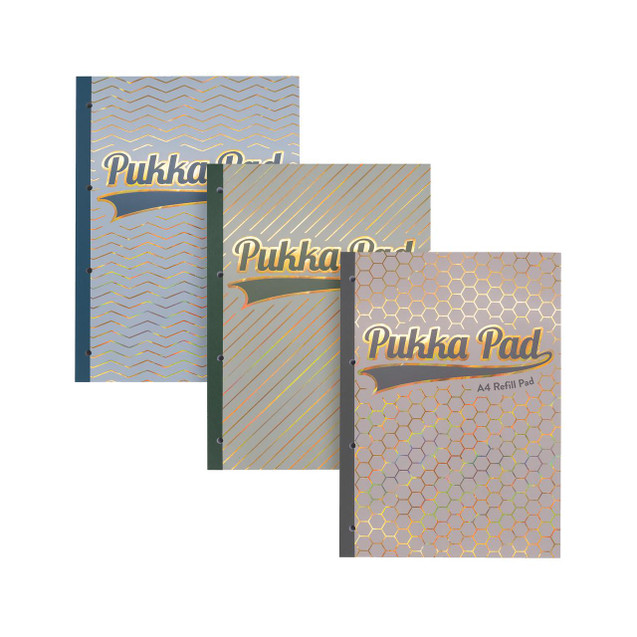 CW Office Pukka Pad Haze Refill 300 A4 AST PK3, three different holographic patterned A4 refill pads with gold foil accents and the Pukka Pad logo on the covers.