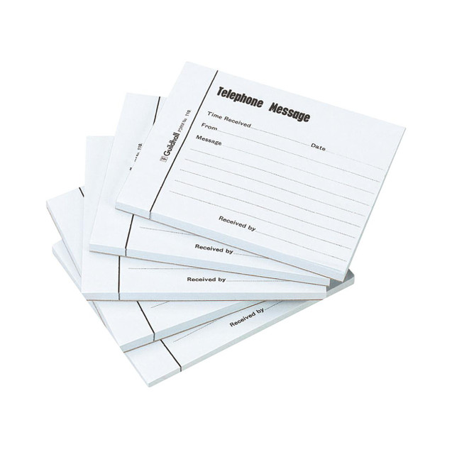 CW Office Guildhall Tel Msg Pad 100P BLU PK5, stack of white telephone message pads with lined spaces for recording messages and contact details.