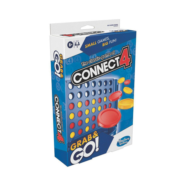 CW Office Connect 4 Grab And Go Portable Game, compact travel-sized Connect 4 game with red and yellow chips and a blue plastic grid.