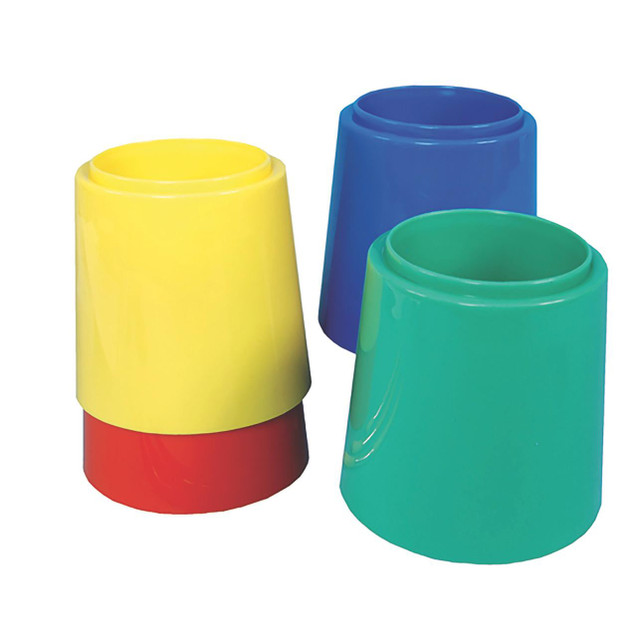 CW Office Non-Spill Water Pots Plastic PK4, colorful plastic water pots in yellow, blue, and green with a red base, designed for office and home use to prevent spills.