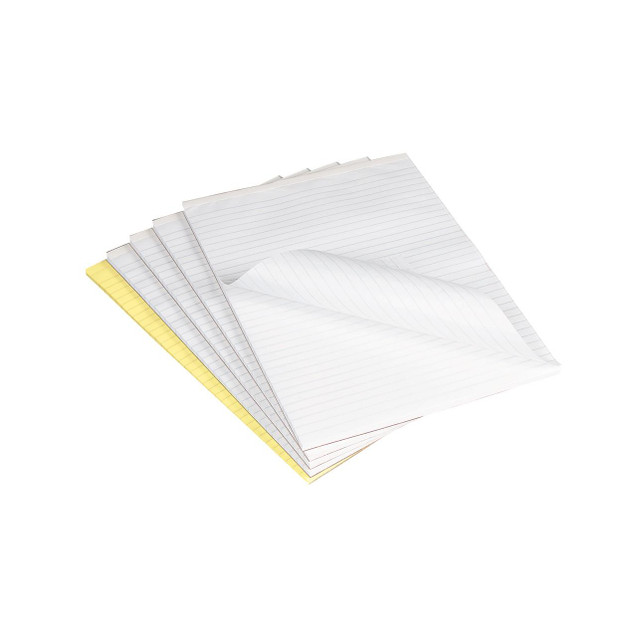 CW Office Q-Connect Memo Pad Fnt Ruled A4 PK10, stack of white lined memo pads with yellow edge, featuring ruled pages for note-taking.
