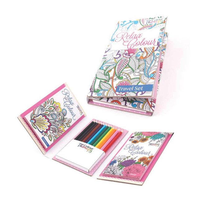 CW Office Tallon Adult Col Book Travel Set PK6, colorful and floral-themed travel set with coloring books, markers, and a storage box.