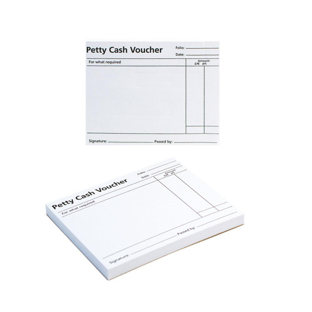 CW Office Q-Connect Pettycash Voucher Pad PK10, image of a white pettycash voucher pad with printed forms for recording pettycash transactions.