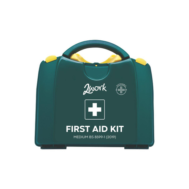 CW Office 2Work Eco 20P HSE First Aid Kit/Box, green portable first aid kit with white cross symbol and handle for emergency medical supplies.