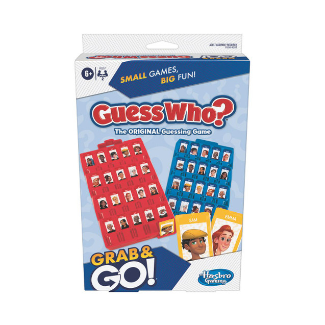 CW Office Guess Who Grab And Go Portable Game, colorful game package with character cards and game boards for children aged 6 and up, featuring the Hasbro Gaming logo.