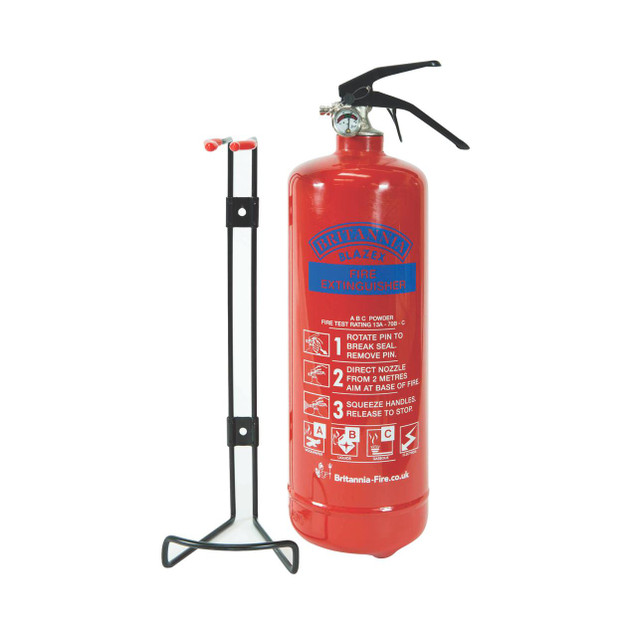 CW Office Fireking Fire Extinguisher 1KG ABC Powder, red fire extinguisher with a hose and mounting bracket, used for fire safety and emergency response.