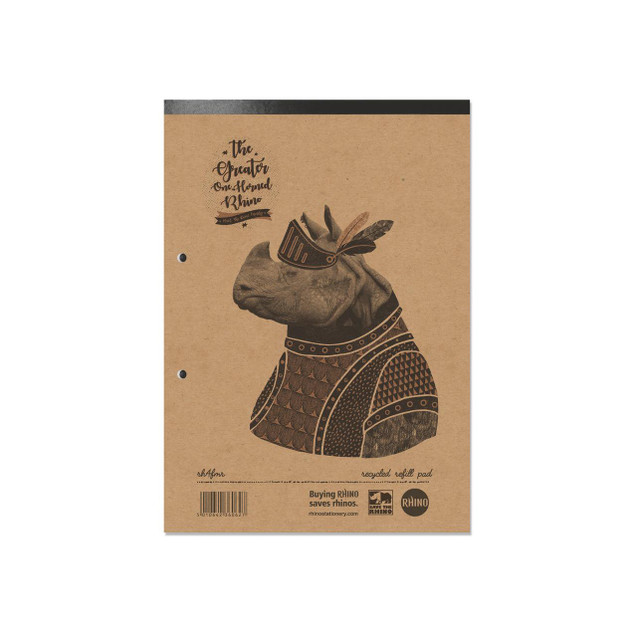 CW Office Rhino Recycle Refill Pad 160P A4 PK5, brown recycled refill pad with a rhino illustration on the cover.
