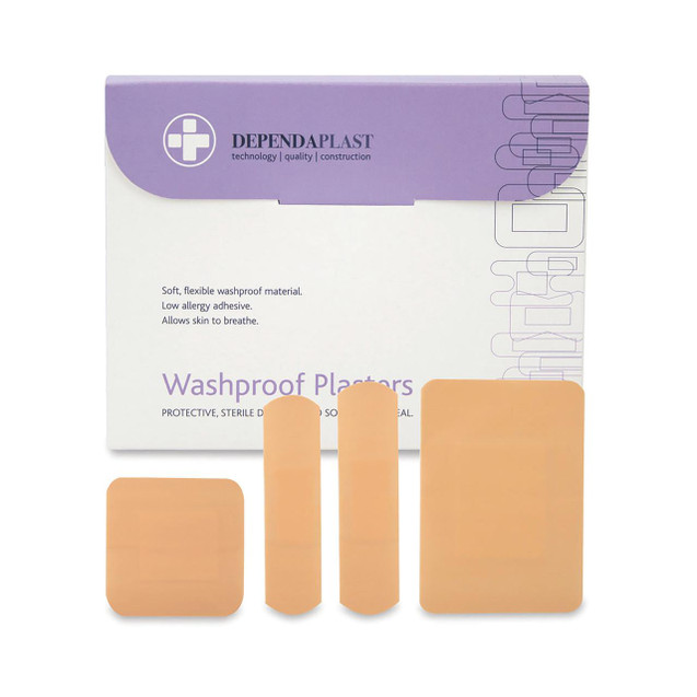 CW Office Reliance Plasters Astd PK100, box of sterile washproof adhesive plasters with four adhesive bandages in different shapes and sizes.