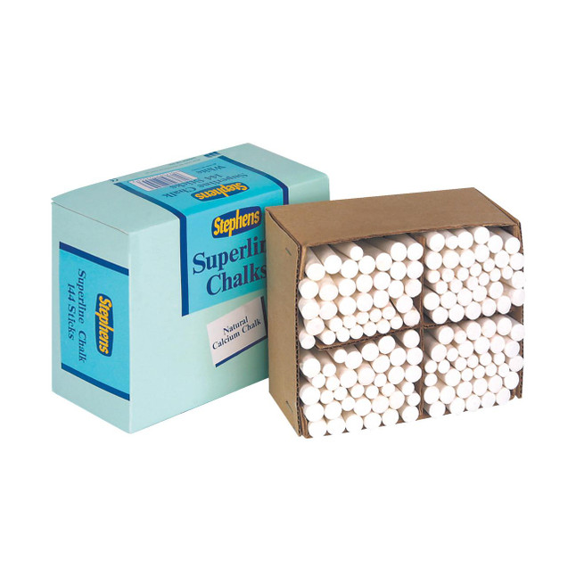 CW Office Stephens Chalk Wh Packed 144, image of a box of white natural calcium chalk sticks for writing and drawing.