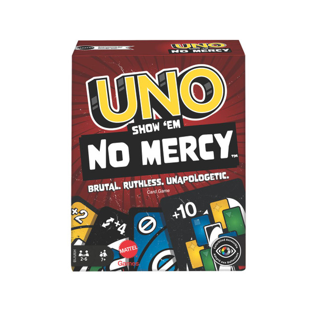 CW Office Mattel Uno Show Em No Mercy Game, a card game box with bold red, black, and colorful graphics, featuring playful text and game icons.