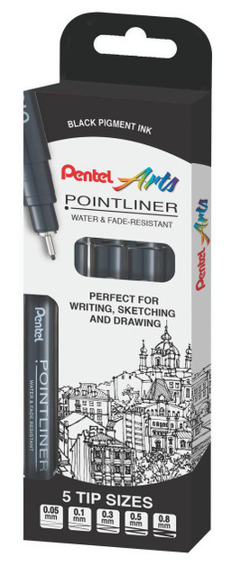 Product CW Office Pentel Pointliner AST Sizes Black P5, packaging of felt-tip pens with 5 different tip sizes for detailed writing and drawing.
