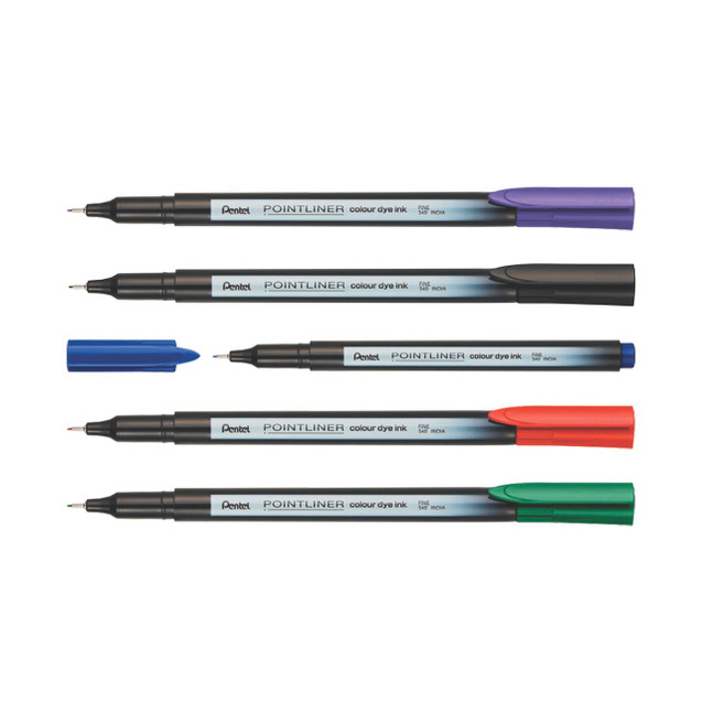 Product CW Office Pentel S40 Pointliners Assorted PK6, set of six colored fineliner pens with caps in purple, blue, red, green, black, and gray for precise drawing and labeling.