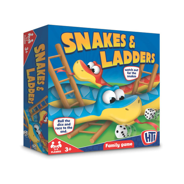 CW Office Hasbro Snakes And Ladders Board Game, colorful game box featuring cartoon snakes and ladders with dice and game instructions.