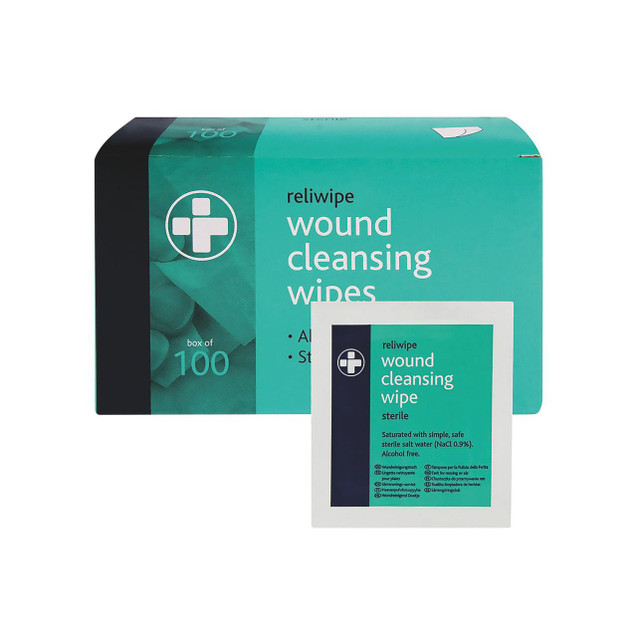 CW Office Reliance Sterile C/Wipes PK100, box of 100 wound cleansing wipes for medical use.