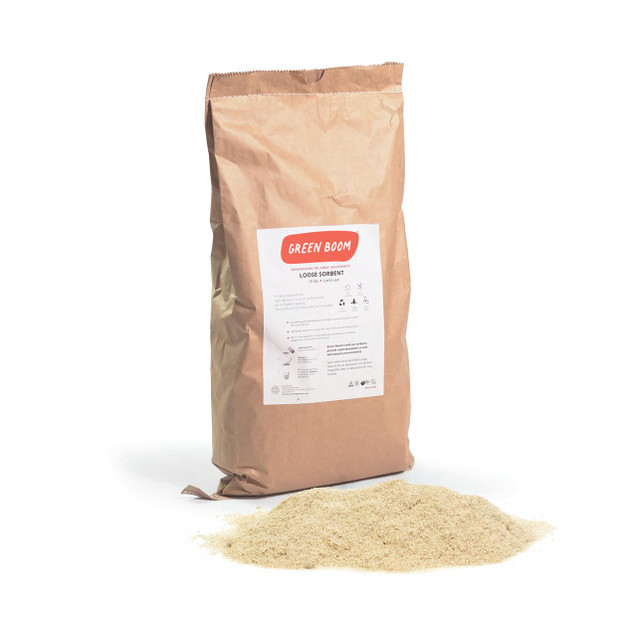 CW Office Green Boom Oil-Only Loose Sorb 4.5KG, Bag of oil absorbent material with a pile of loose absorbent on a white background.