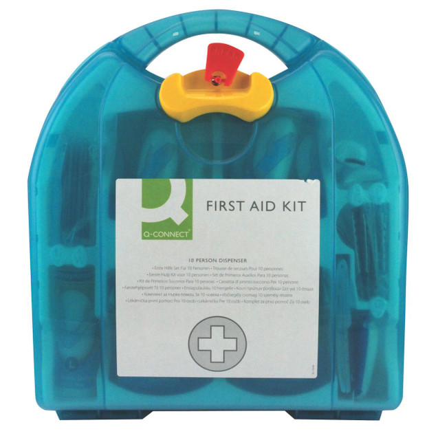 CW Office Q-Connect 10 Person First Aid Kit, blue plastic first aid kit with handle, contents include medical supplies and bandages for first aid treatment.