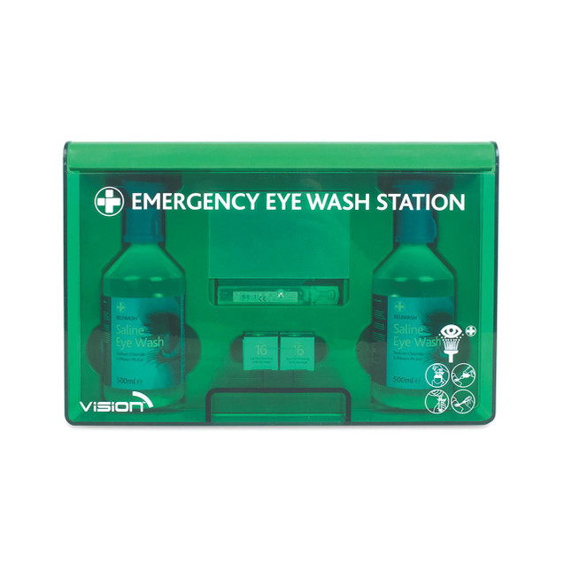 CW Office Reliance Emergency Eye Wash Panel, green wall-mounted eye wash station with bottles of saline eye wash, eye wash accessories, and instructional icons for safety.