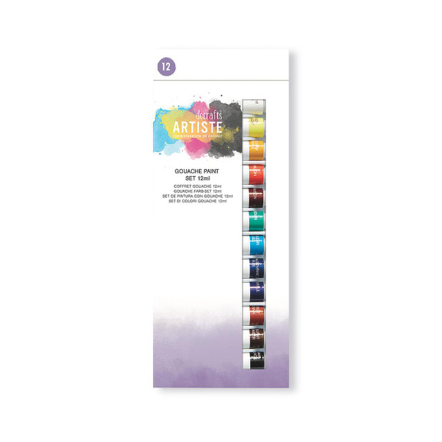 CW Office Artiste Gouache Paint Set 12ML PK12, showcasing a set of 12 vibrant gouache paints in small tubes arranged on a white background with colorful paint splash design.