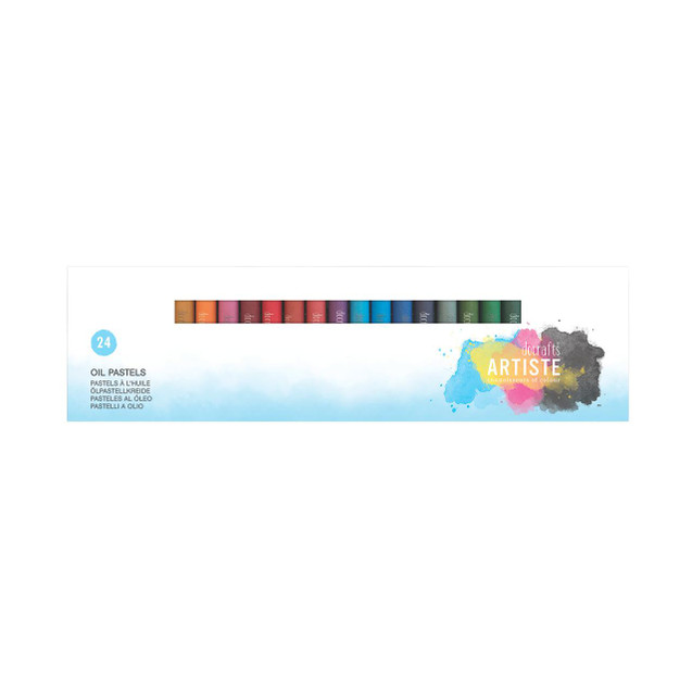 CW Office Artiste Regular Oil Pastels PK24, set of 24 colorful oil pastels in a box with a splash of paint design on the packaging.