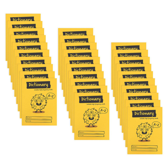 CW Office Primary Dictionary Book PK30, set of yellow high frequency word dictionaries for students with cute monster character on cover.