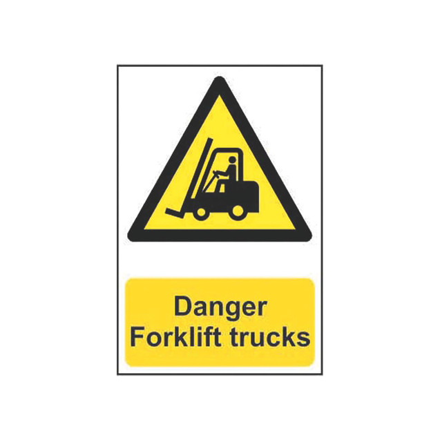 CW Office Spectrum Danger Flift Trucks 400X600, safety warning sign for forklift trucks with a yellow triangular warning symbol containing a forklift icon and a yellow rectangle with black text stating "Danger Forklift trucks."