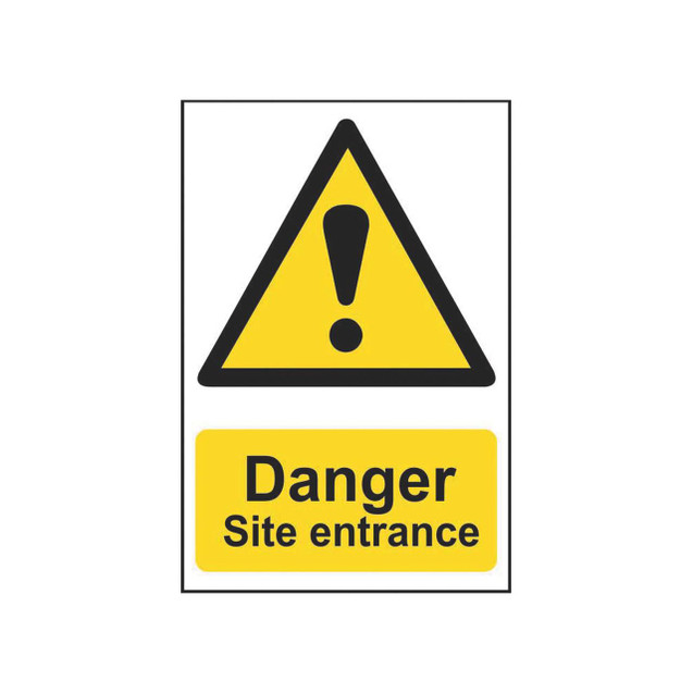 CW Office Spectrum Danger Site Ent PVC Sign, warning sign with a yellow triangular warning icon with an exclamation mark and bold text indicating danger at site entrance