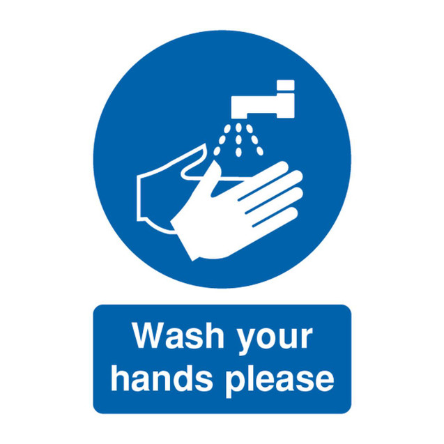 CW Office Signslab A5 Wash Your Hands Please PVC, a blue sign with a graphic of a hand being washed under a tap, and text instructing to wash your hands.
