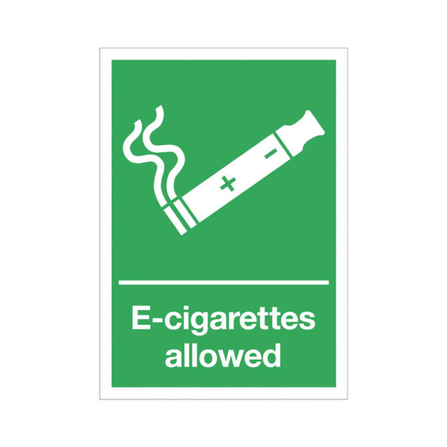 CW Office E-Cigarettes Allowed Sign, green background with white smoking cigarette icon and text indicating e-cigarettes are permitted.