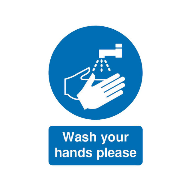 CW Office SignsLab A5 Wash Your Hands Please Sign, blue and white hygiene reminder sign with handwashing icon.