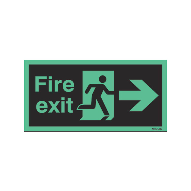 CW Office Niteglo Exit Man Arr Right S/A 15X45, illuminated emergency exit sign with green and black design indicating the direction to the fire exit.