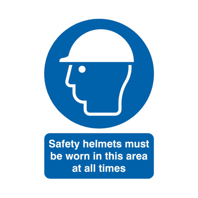 CW Office Signslab Safe Helmet M/B/Worn PVC A4, safety helmet warning sign with a blue background and white pictogram of a person wearing a safety helmet with a message, emphasizing the importance of wearing safety helmets at all times in the workplace.