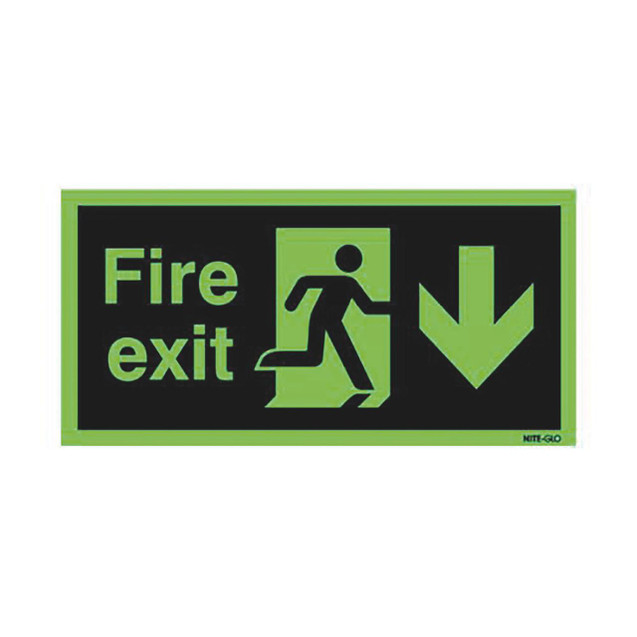 CW Office Niteglo Exit Man Arrow Down S/A 15x45, illuminated fire exit sign with a running figure and downward arrow for emergency evacuation