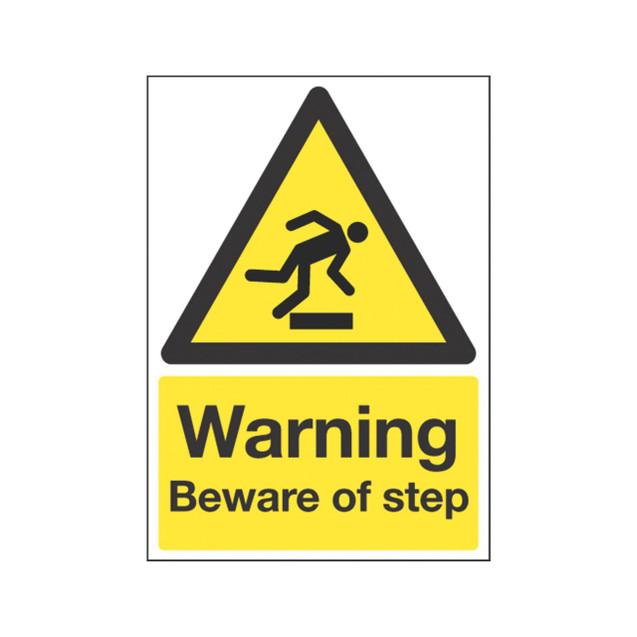 CW Office SignsLab Beware Of Step Sign PVC A5, yellow and black warning sign with a pictogram of a person tripping, indicating caution for steps.