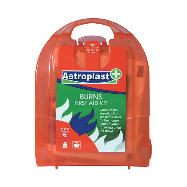 CW Office Wallace Cameron Micro Burns 1044229, portable first aid burn kit with red and green exterior packaging showcasing the Astoplast logo and burn first aid kit information.
