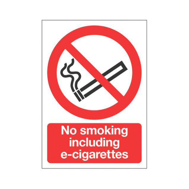 CW Office No Smoking E-Cigarettes Save 210X148, no smoking including e-cigarettes sign with crossed-out cigarette icon and prohibition message.