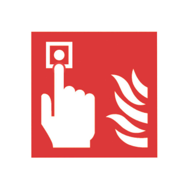 Product CW Office Fire Alarm 100X100MM S/A KF68B/S PK5, fire alarm emergency signal icon with a hand pressing a button and flames.