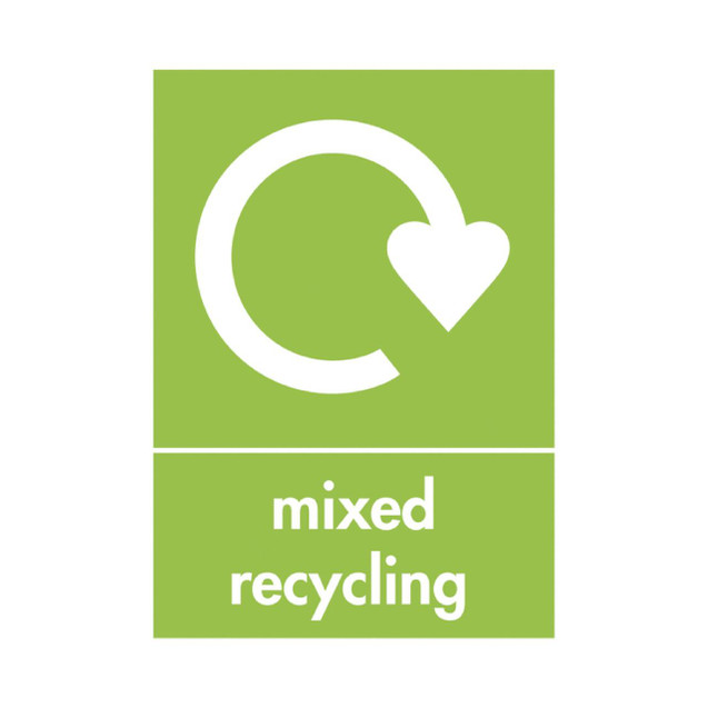 CW Office A5 Sign Mixed Recycling Pack Of 5, green recycling sign with white recycle symbol and heart, indicating mixed recycling for office waste