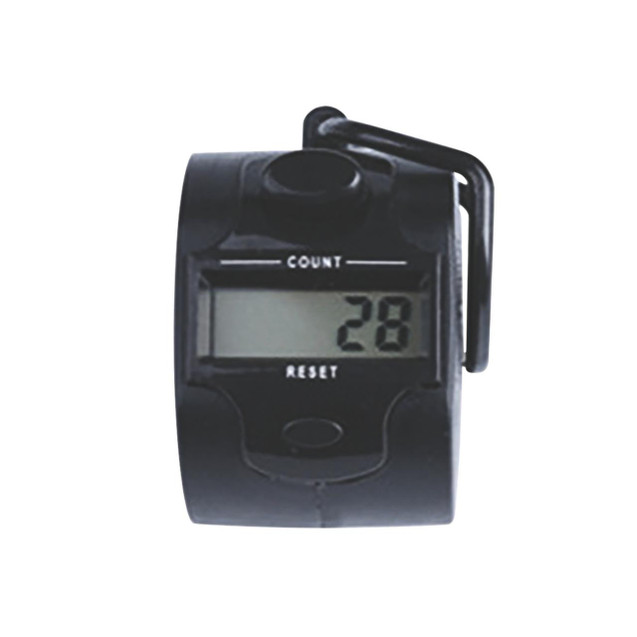 CW Office Q-Connect Digil Tally Counter Black, digital handheld tally counter with a black plastic body and a clip for attaching to clothing or bags.