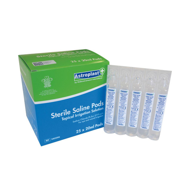 Product CW Office Wallace Saline Eye Pods 20ML PK25, box of sterile saline eye irrigation pods and five individual pods displayed.