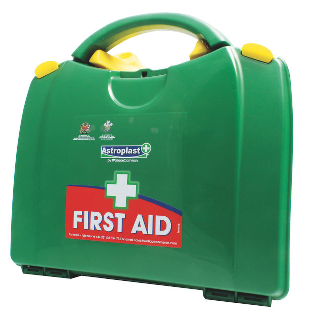 CW Office Wallace Cameron First Aid Kit B 10, green plastic first aid emergency kit with handle and red and white first aid label.