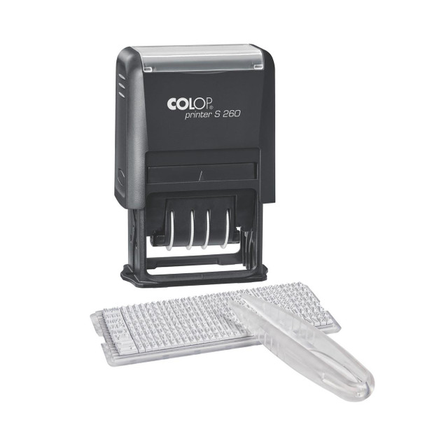 CW Office Colop Pntr S260 Text Date Stamp BLK, a black and gray office date stamp with an ink pad and replacement ink rollers.