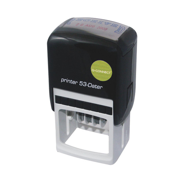 CW Office Q-Connect Custom Dte Self-Inking Stamp, a black self-inking stamp with a white base and adjustable date rollers.