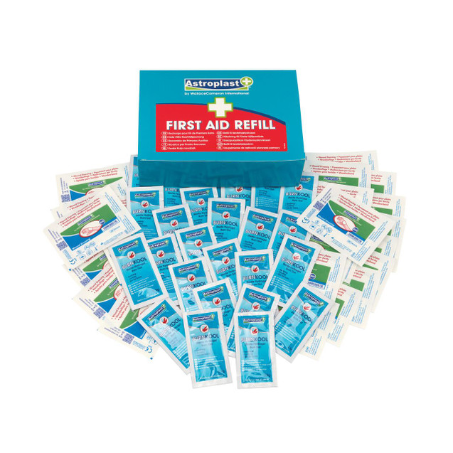CW Office Astroplast First Aid Refill 1009006, first aid refill pack with multiple sterile hydrogel burn gels and dressing supplies for medical emergencies.