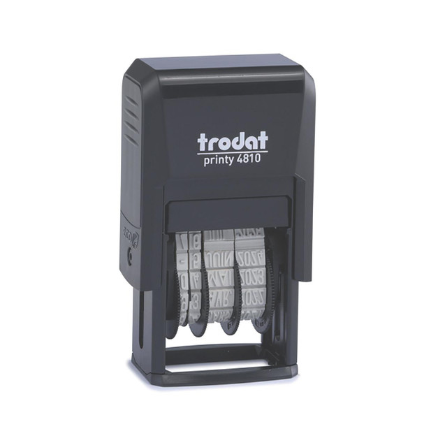 CW Office Trodat 4810 Self-Inking Date Stamp, black rubber stamp with adjustable date wheels and compact design.