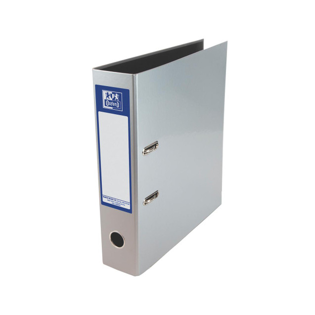 CW Office Oxford 70MM Lever Arch A4 Met Silver, silver metal lever arch file with blue and white label on the spine for organizing A4 documents