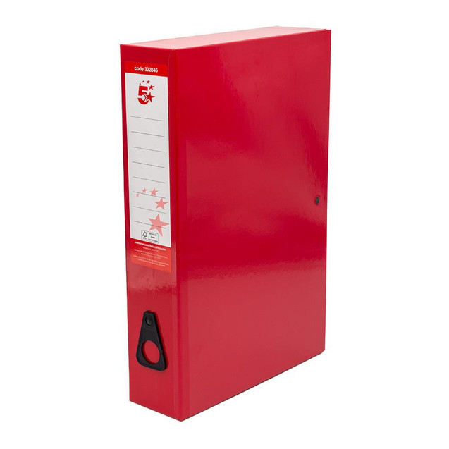 CW Office Box File Foolscap Red PK5, red foolscap file organizer with handle and label label holder for office documents.