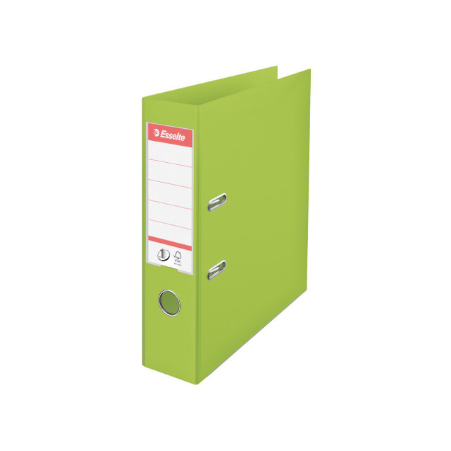 CW Office Esselte 75MM Lach File A4 Green PK10, green A4-sized file folder with metal rings and label holder for organizing documents.
