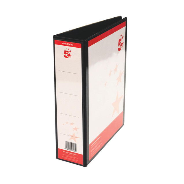 CW Office Pres Lever Arch File A4 PP 58MM BLK, a black plastic lever arch file for organizing A4 documents with a white and red design and a 58mm spine width.