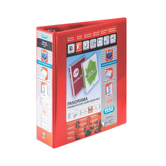 CW Office Elba Panorama Lever Arch A4 Red PK5, red presentation lever arch file with A4 size capacity for organizing documents.
