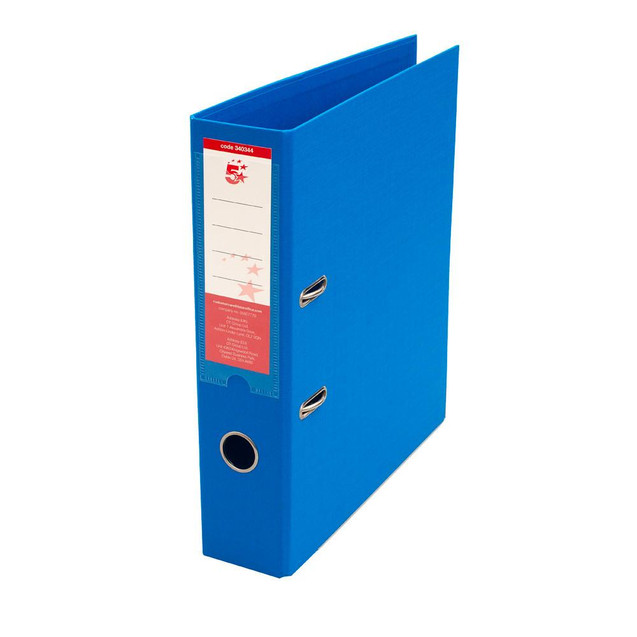 CW Office Prem Lever Arch File A4 PP Blue PK10, blue plastic lever arch file for organizing and storing A4 documents with a metal ring mechanism.